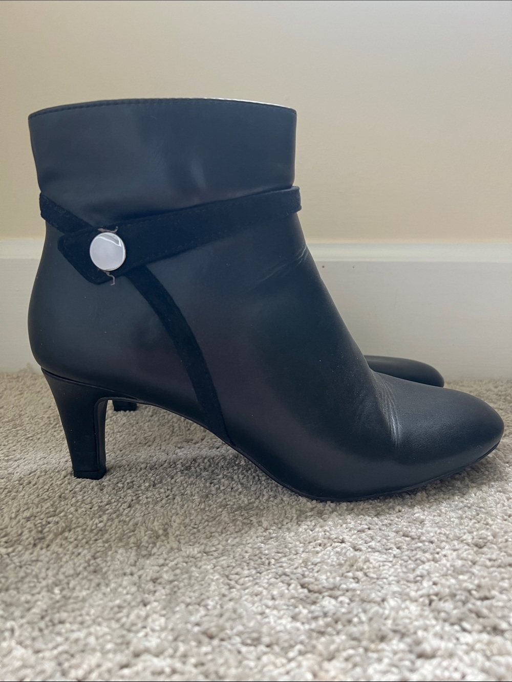 Impo Black Leather Ankle Boots with Decorative Strap and Button